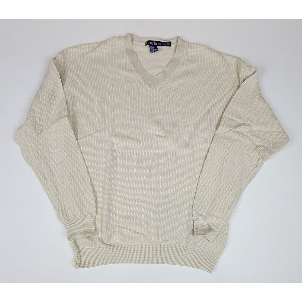 Nautica Sweater Mens XL. Vintage V-Neck Cream Longsleeve Pullover.